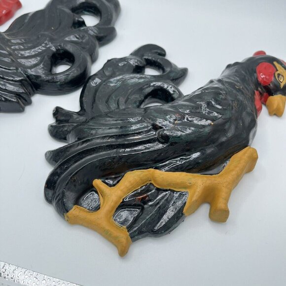 Vintage Black Rooster Chalkware Farmhouse Kitchen Art Deco MCM Plaques Set Of 2 - Picture 3 of 6
